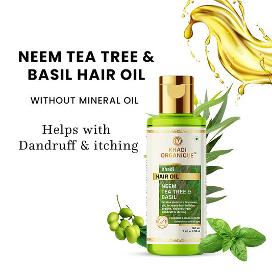Neem Tea Tree & Basil Hair Oil (Mineral Oil Free) -210 ml Khadi Organique