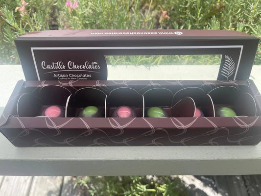 Pistacho and Raspberry 54% cacao Dark Chocolate Bonbons