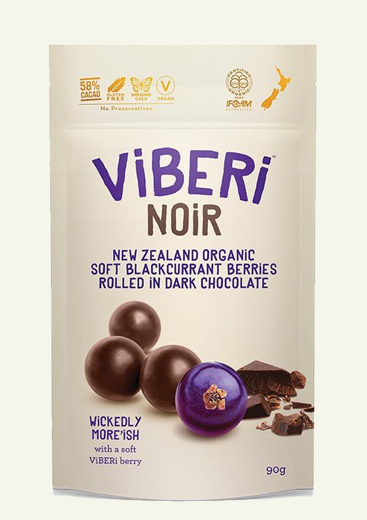 NOiR 58% Organic Dark Chocolate Rolled Blackcurrants 90g